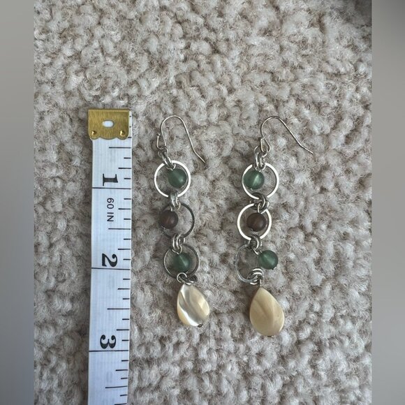 Boho Glass Bead & Shell Drop Earrings Silver Tone Green Brown Coastal Dangle 3” - Picture 3 of 3